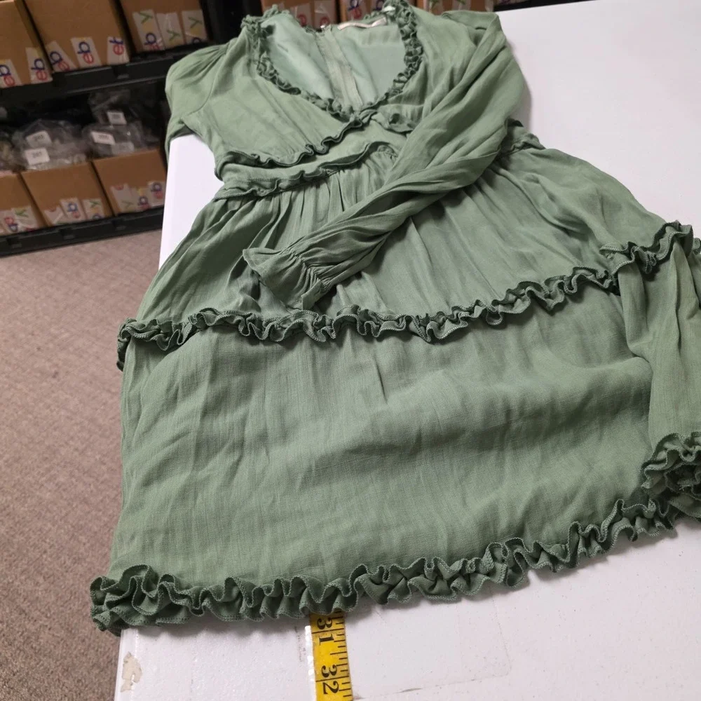 Green Ruffle Babydoll Dress Size S Forest Fairy Whimsical Bohemian Long Sleeve